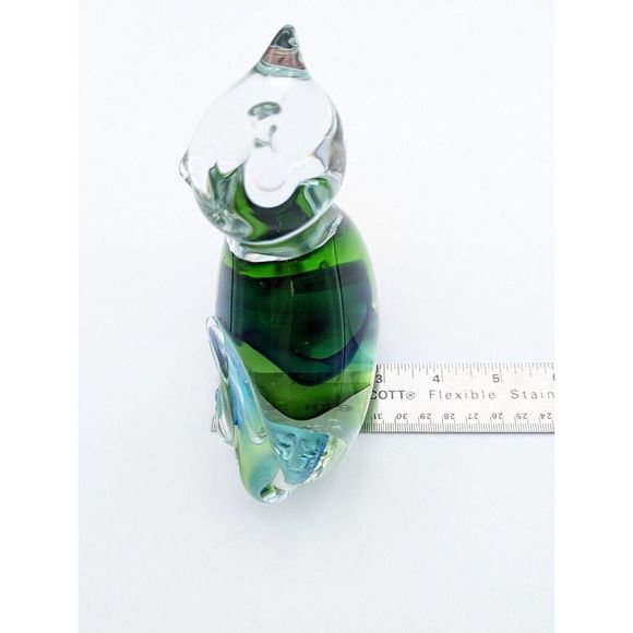 Art Glass Blue and Green Cat Figurine Curling Tail Paperweight - Picture 10 of 12